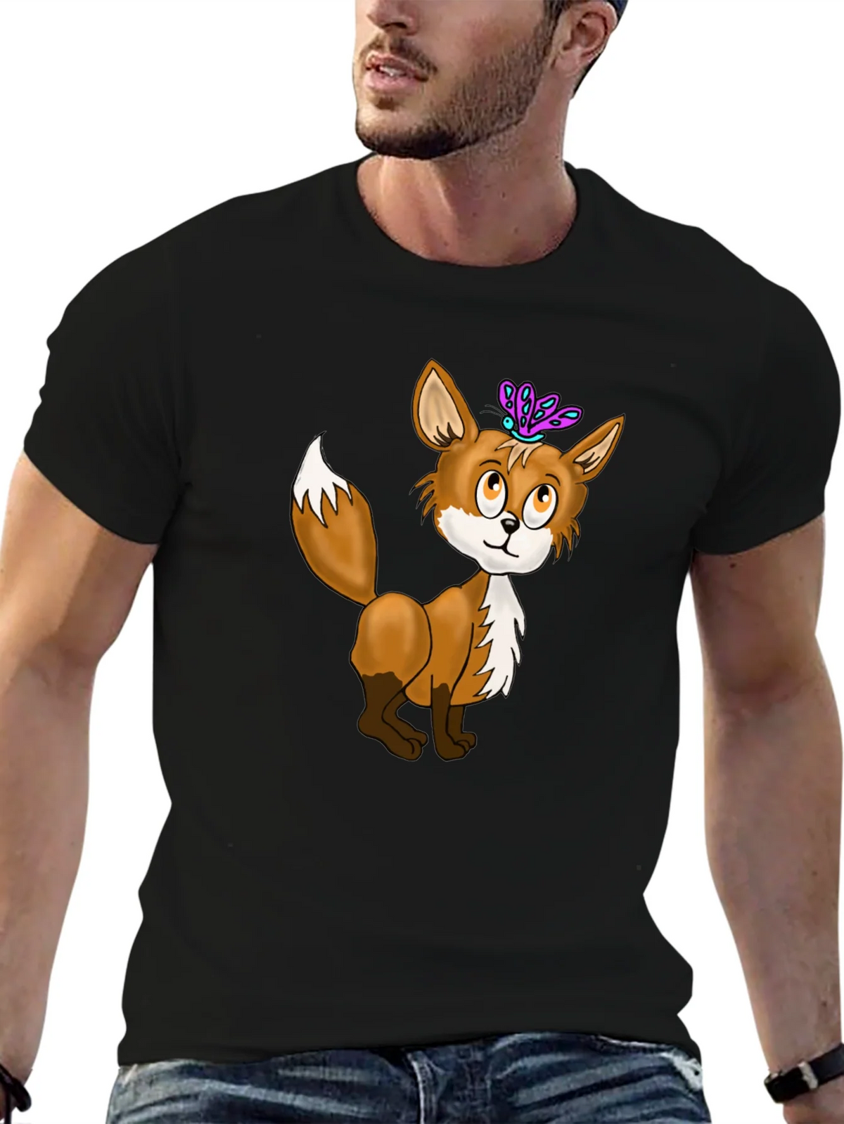 Fox & Butterfly Graphic Tee - Black Cotton T-Shirt product image 6