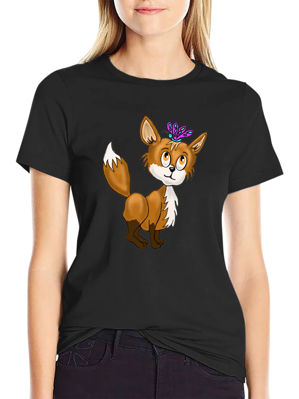 Fox & Butterfly Graphic Tee - Black Cotton T-Shirt product image 2