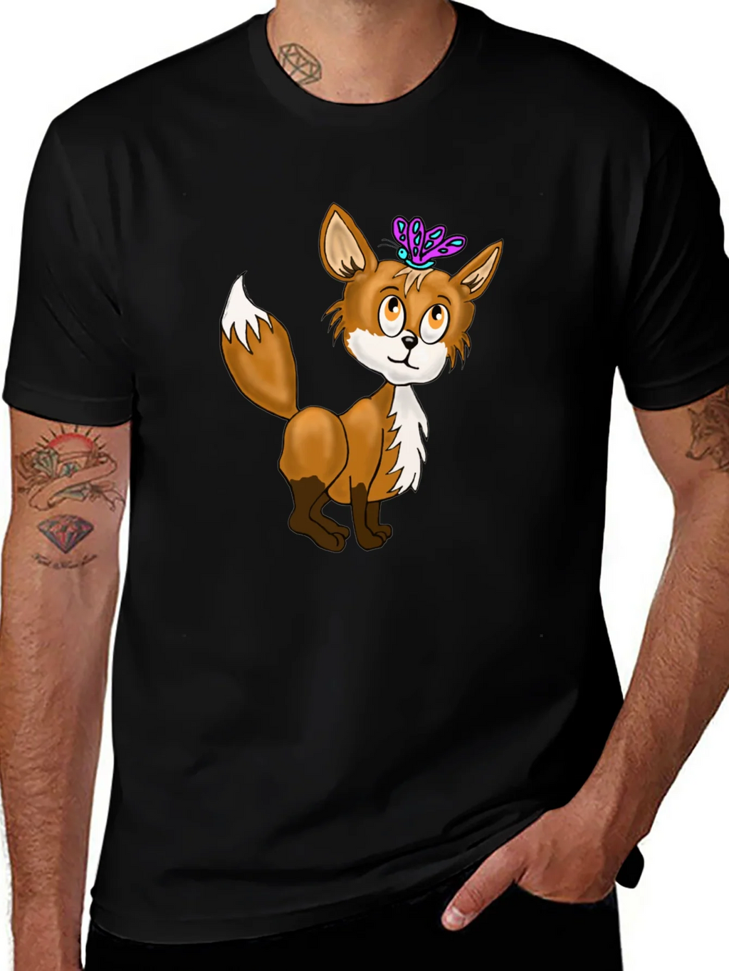 Fox & Butterfly Graphic Tee - Black Cotton T-Shirt product image 1