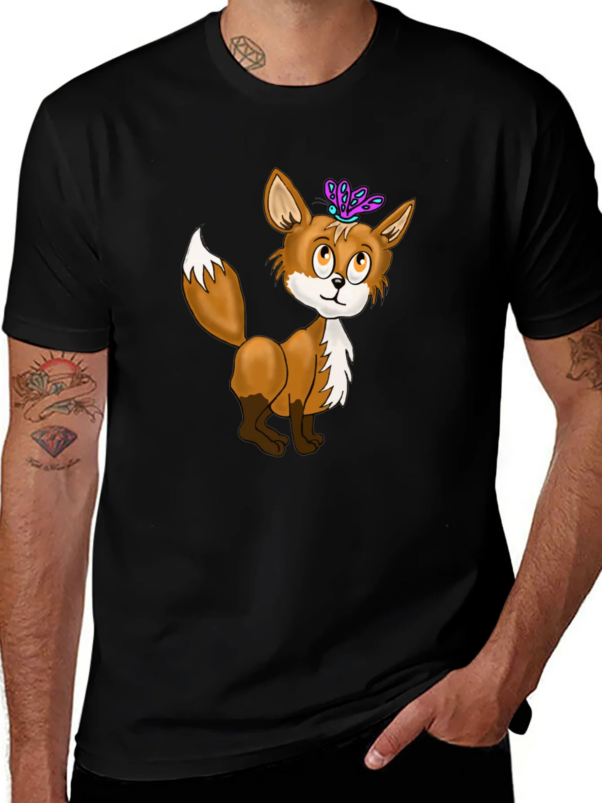Fox & Butterfly Graphic Tee - Black Cotton T-Shirt product image 1