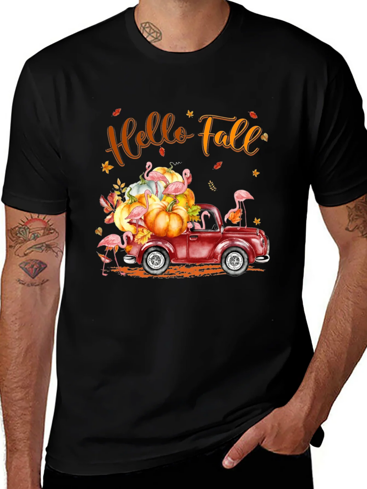 Hello Fall Flamingo Pumpkin Truck T-Shirt product image 1