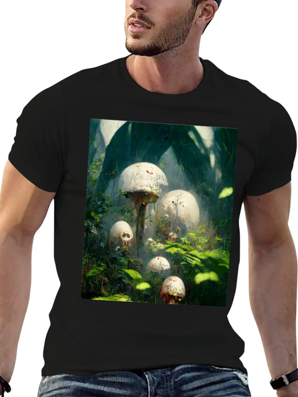 Mystic Mushroom Garden Black T-Shirt product image 5