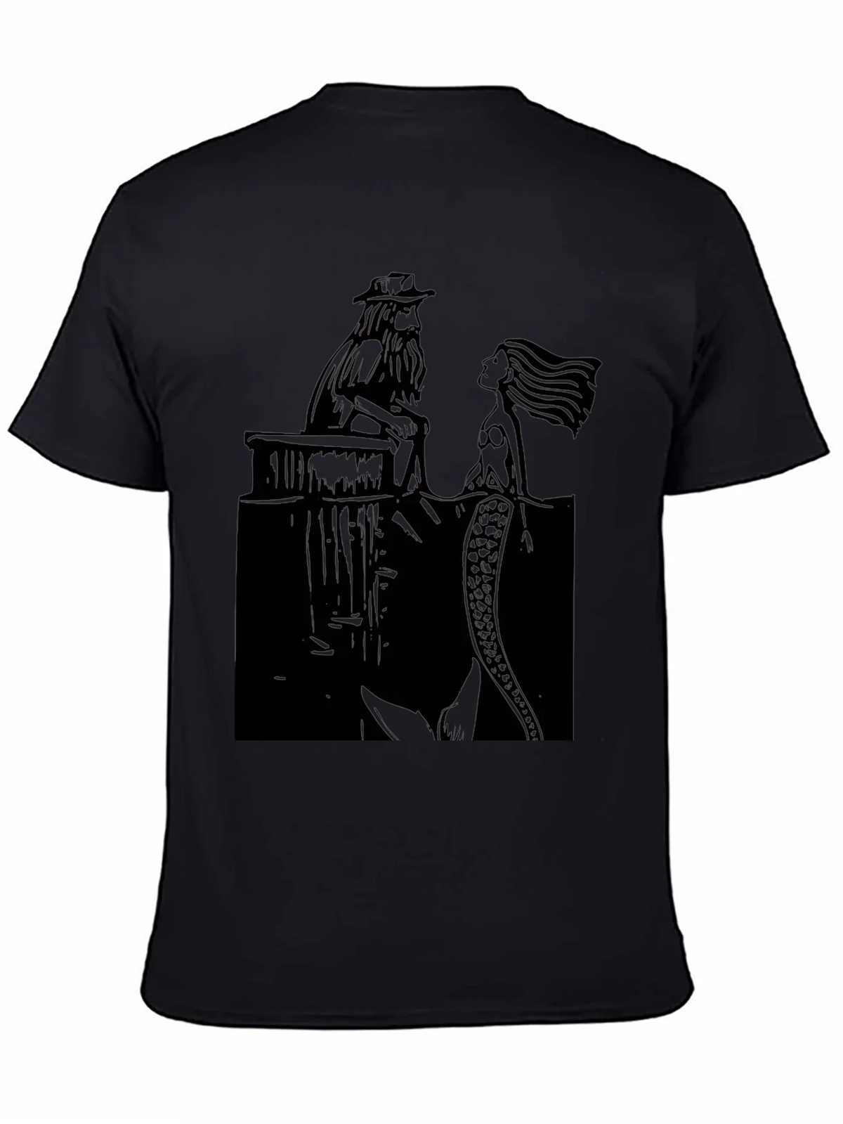 Black T-Shirt with Man and Mermaid Design product image 4