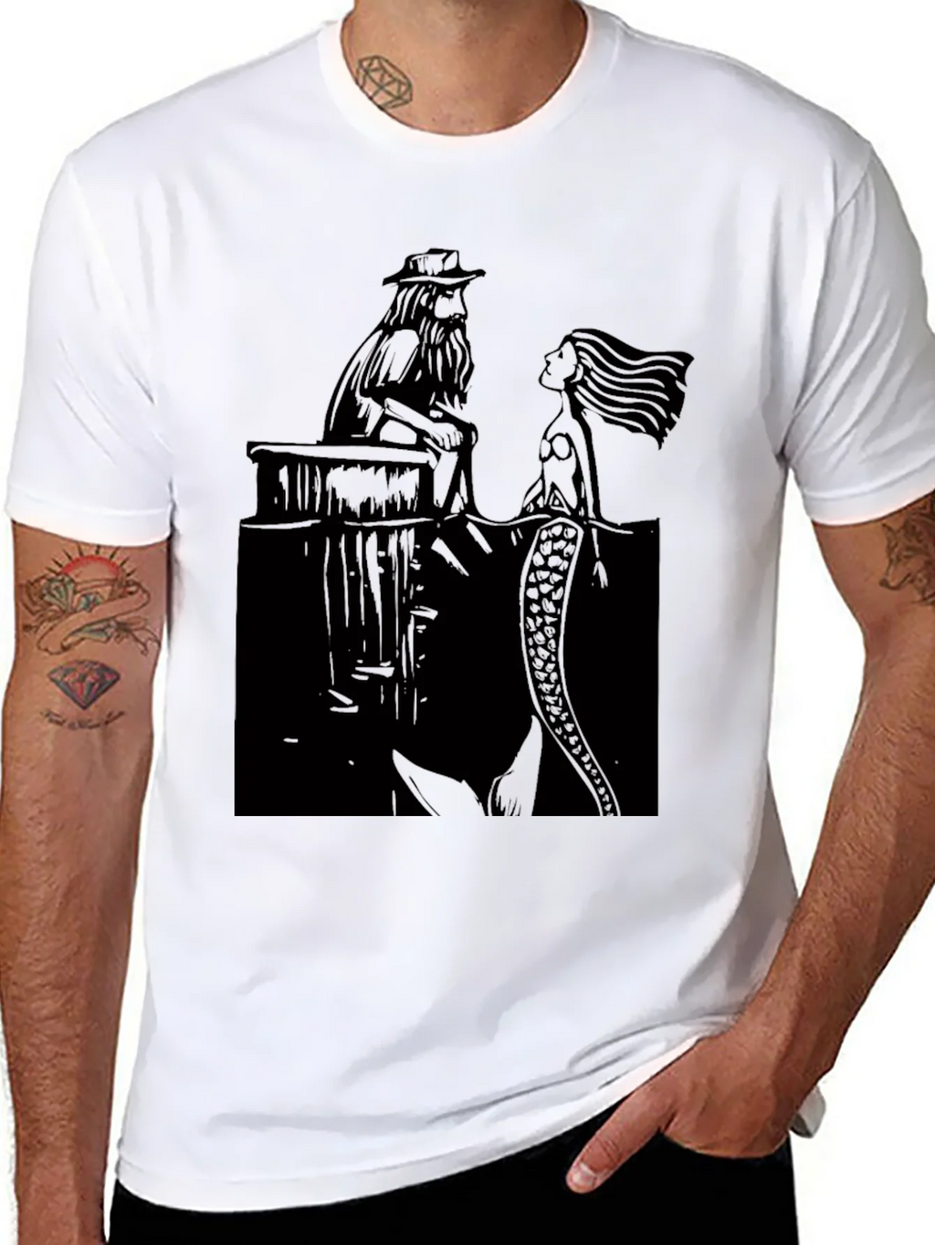 Black T-Shirt with Man and Mermaid Design product image 7