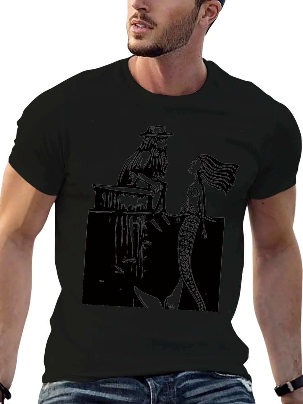 Black T-Shirt with Man and Mermaid Design product image 6