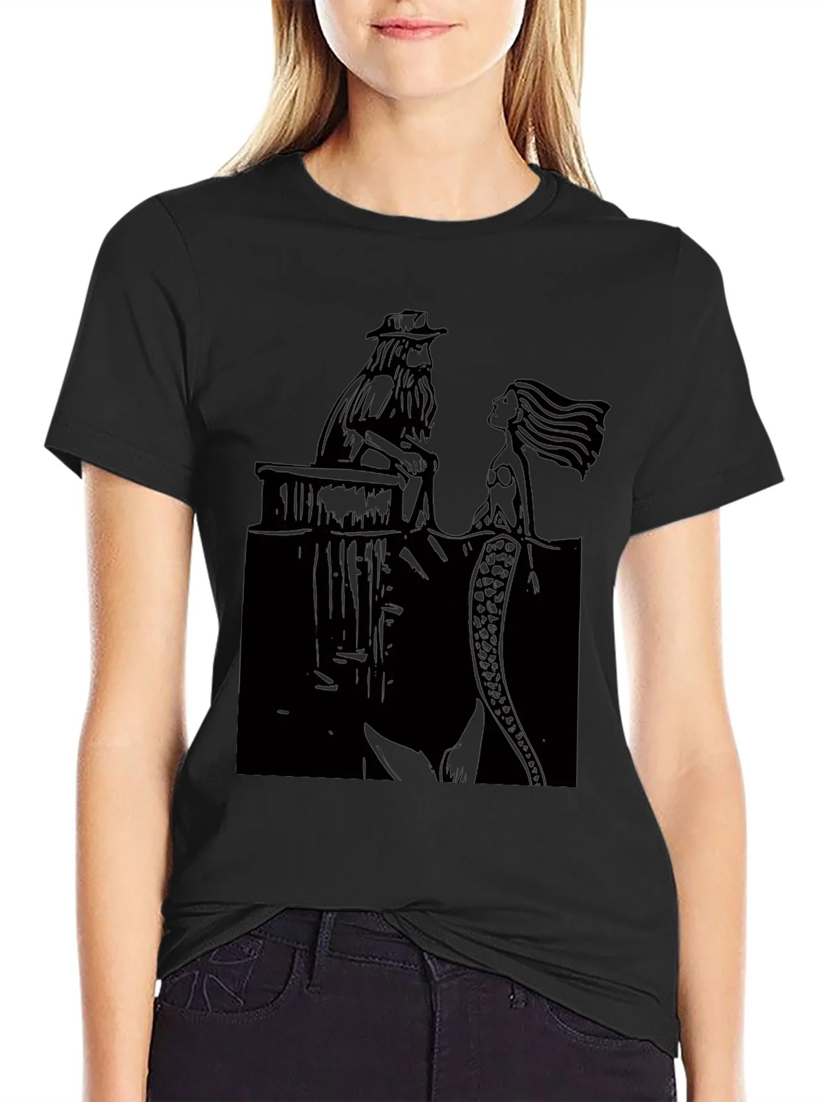 Black T-Shirt with Man and Mermaid Design product image 2