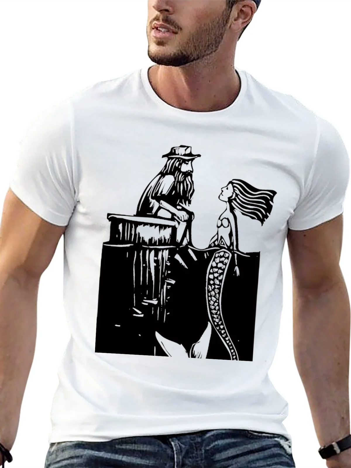 Black T-Shirt with Man and Mermaid Design product image 12