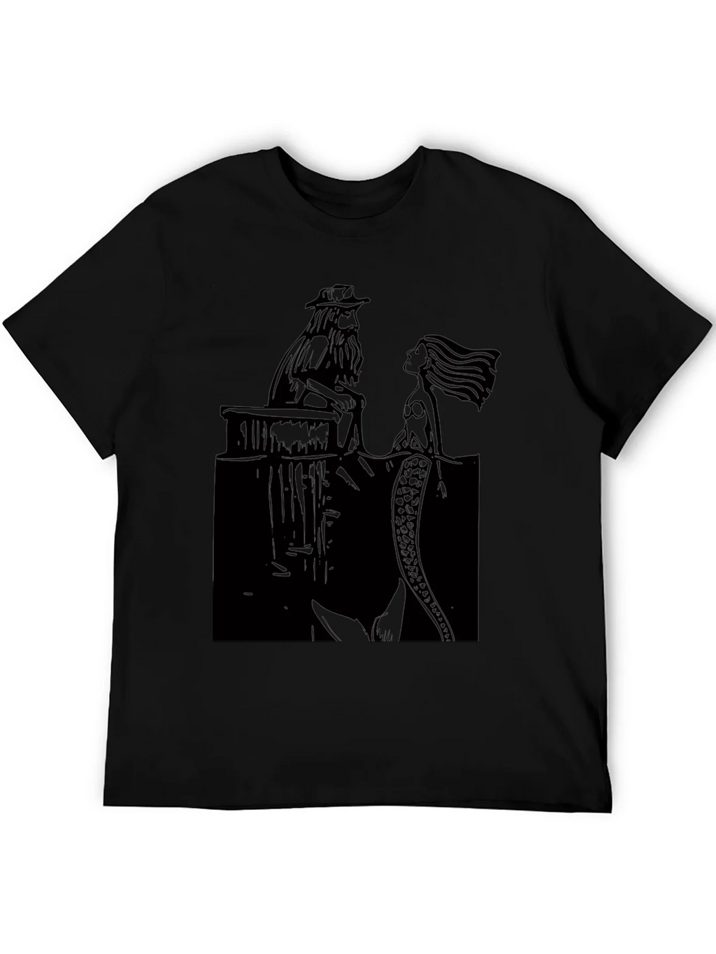 Black T-Shirt with Man and Mermaid Design product image 5
