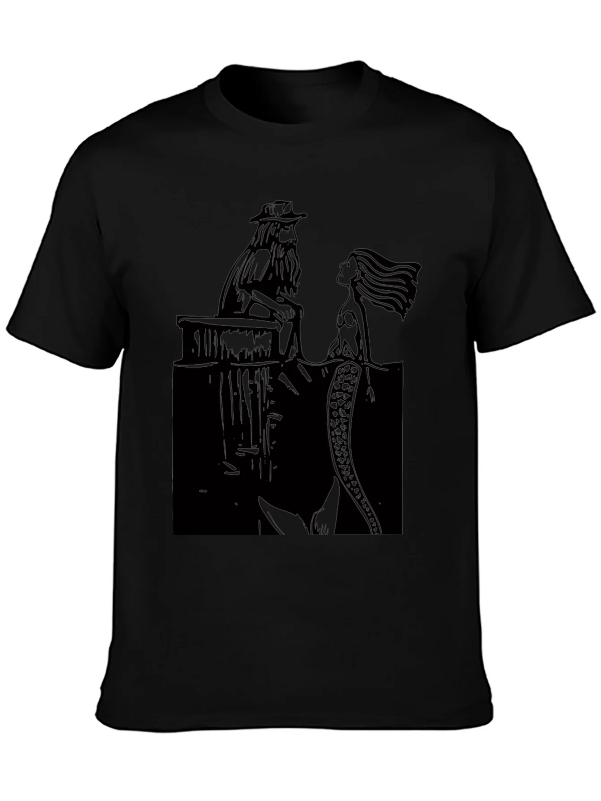 Black T-Shirt with Man and Mermaid Design product image 3