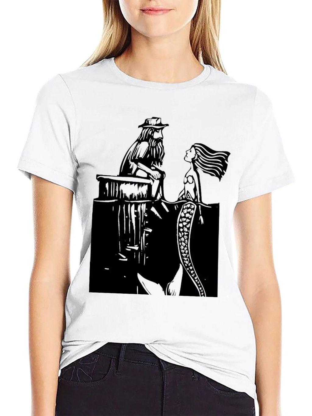 Black T-Shirt with Man and Mermaid Design product image 8