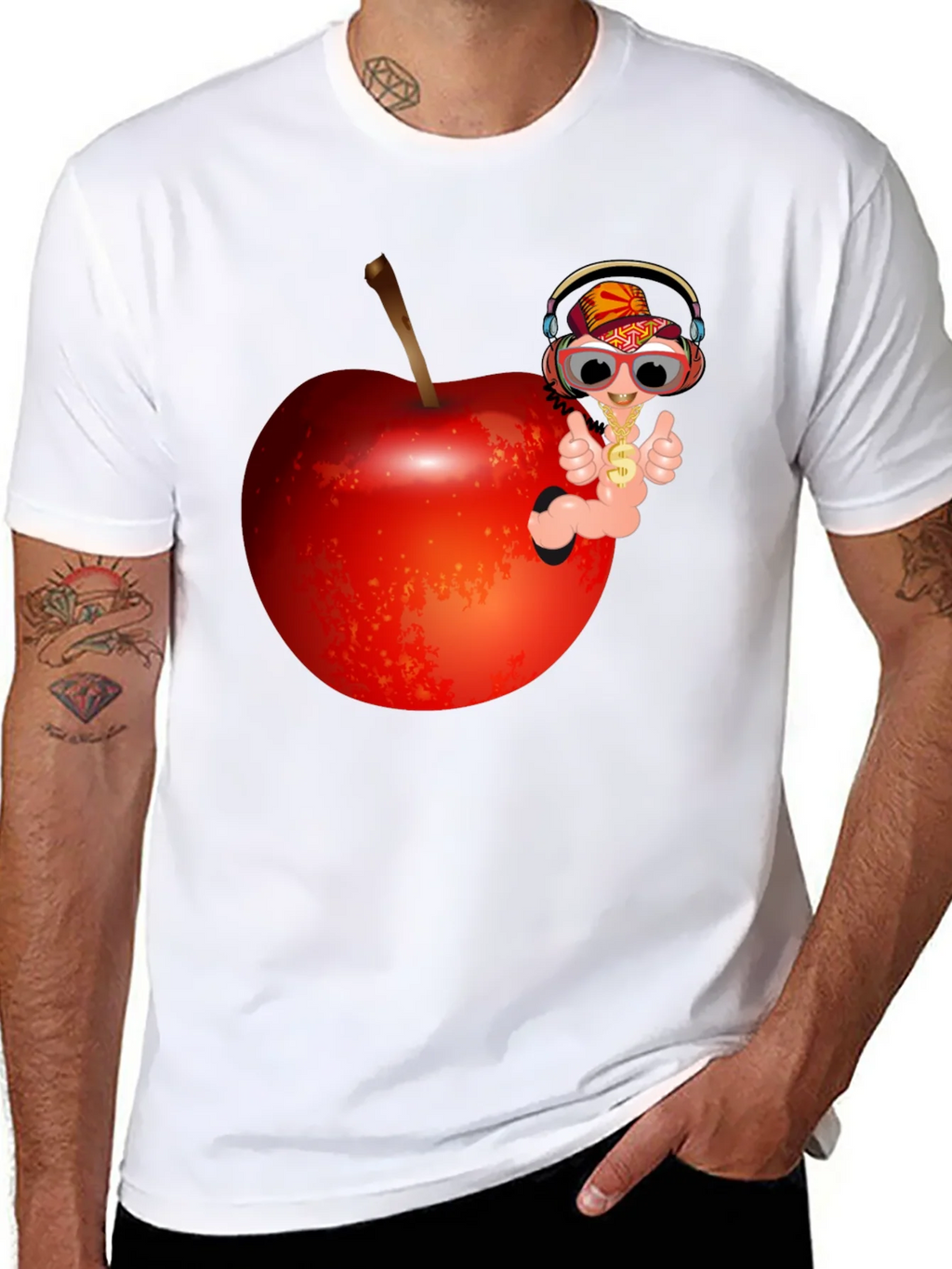 Cartoon Worm with Apple T-Shirt - Black Cotton Tee product image 6