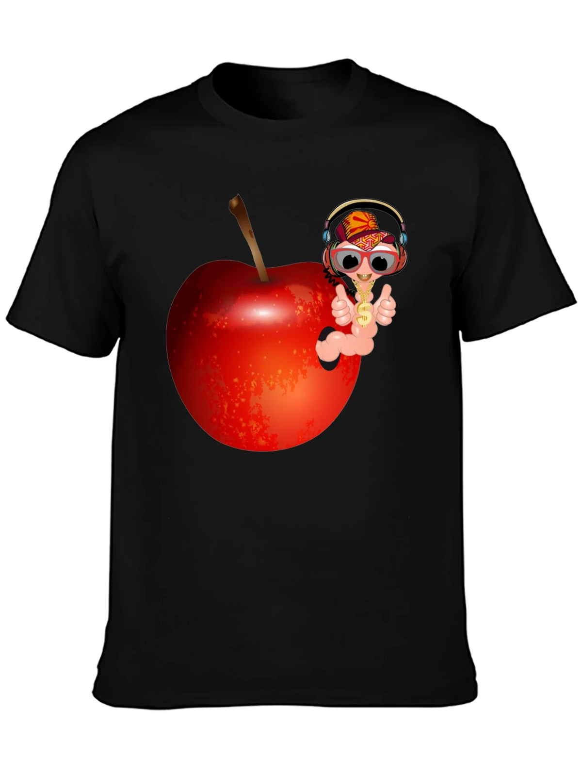 Cartoon Worm with Apple T-Shirt - Black Cotton Tee product image 2