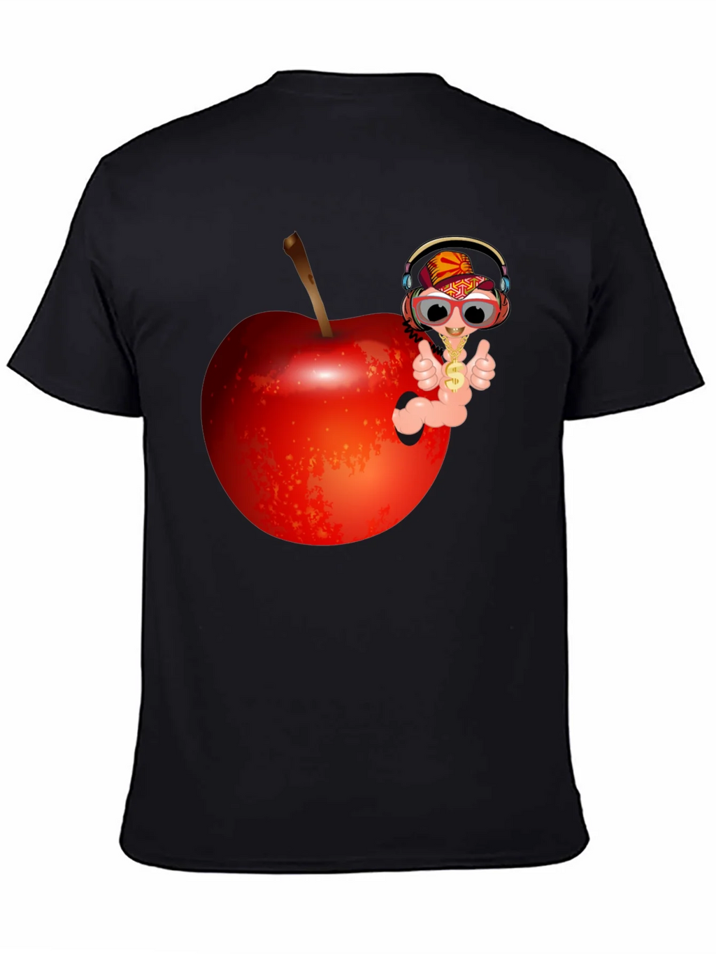Cartoon Worm with Apple T-Shirt - Black Cotton Tee product image 3