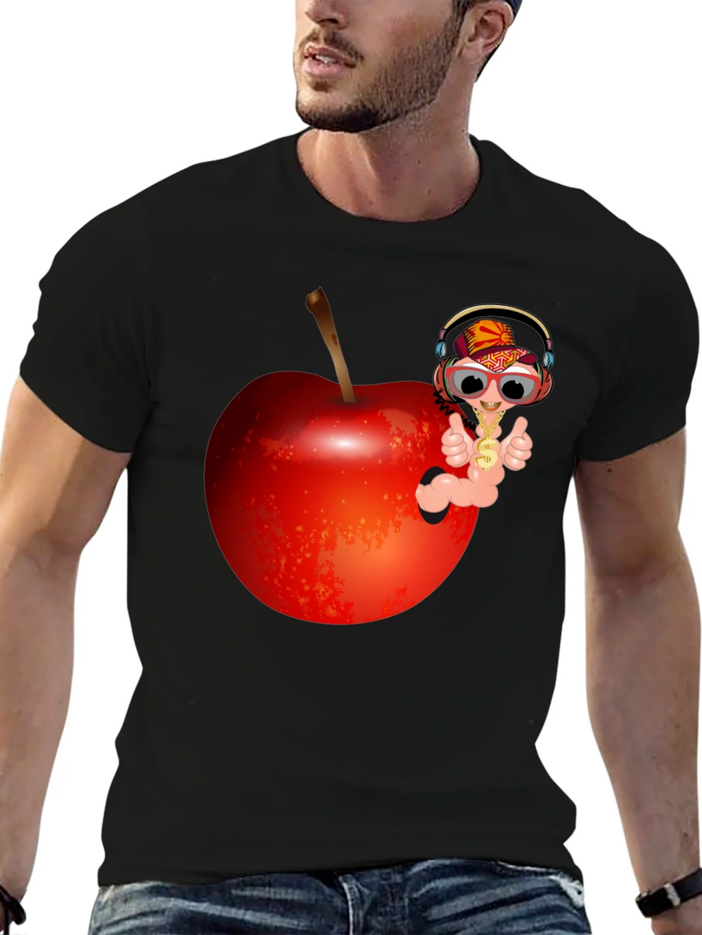 Cartoon Worm with Apple T-Shirt - Black Cotton Tee product image 5
