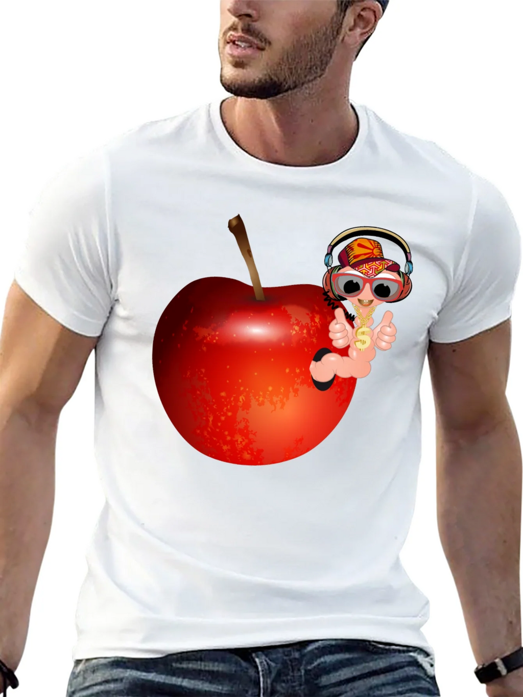 Cartoon Worm with Apple T-Shirt - Black Cotton Tee product image 9