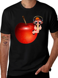 Cartoon Worm with Apple T-Shirt - Black Cotton Tee product image 1