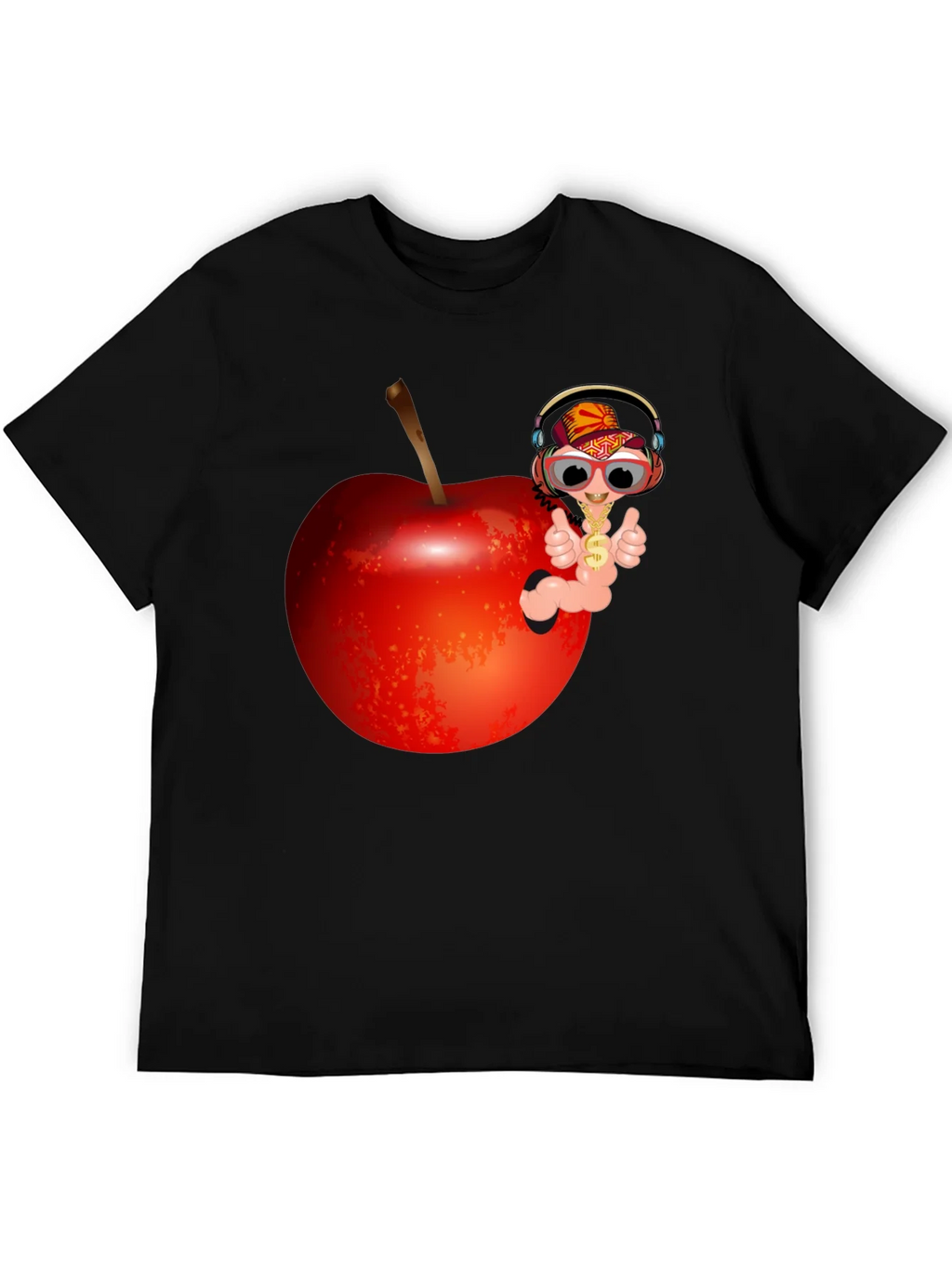Cartoon Worm with Apple T-Shirt - Black Cotton Tee product image 4