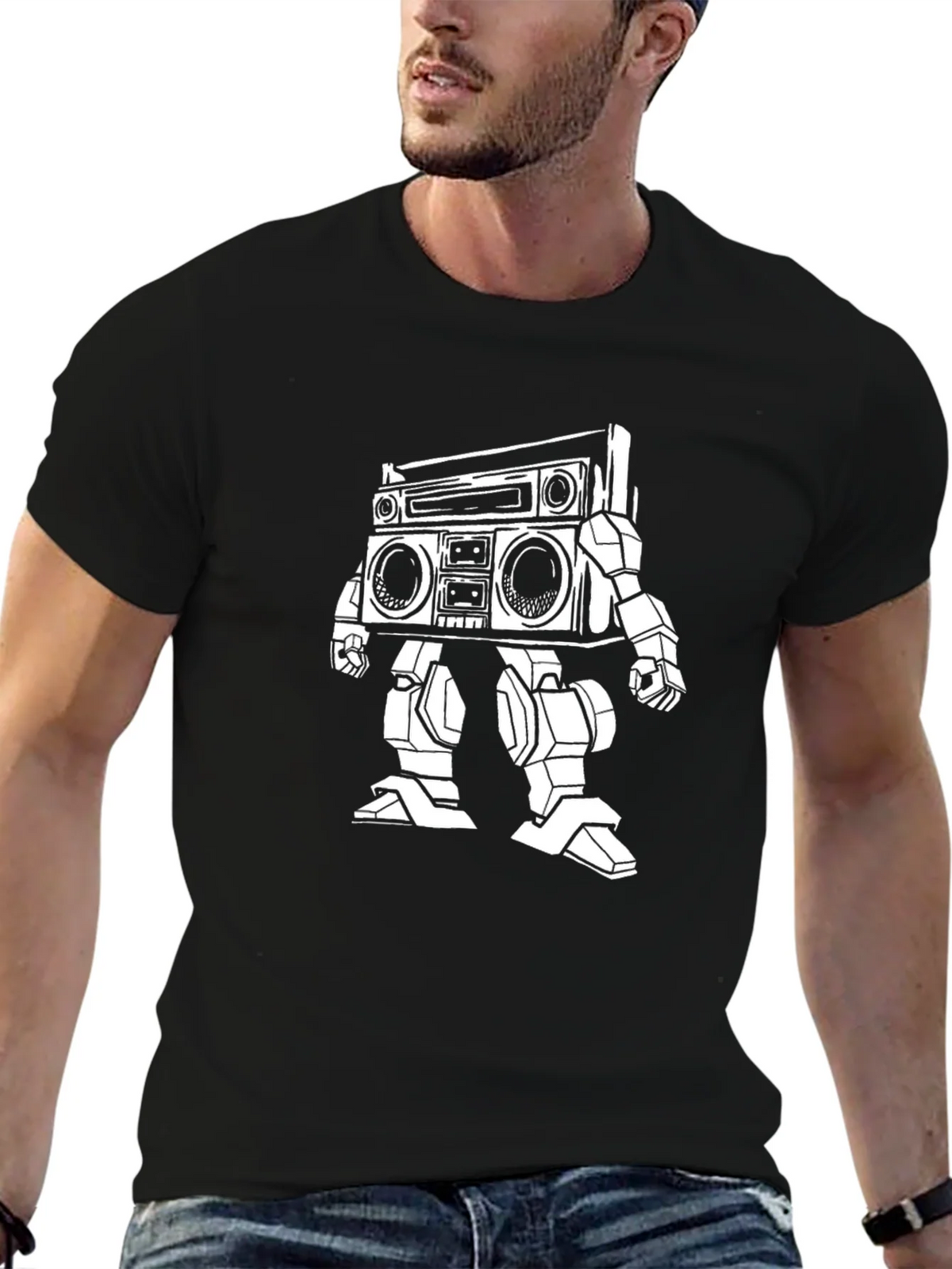 Retro Robot Boombox T-Shirt - Black Cotton Tee product image 6
