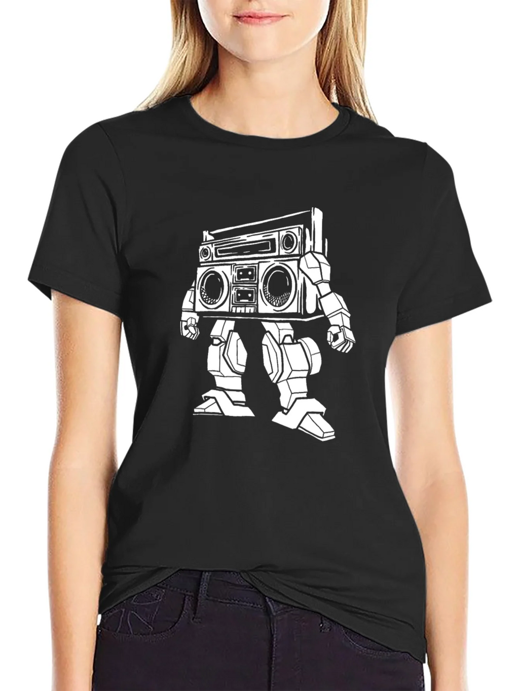 Retro Robot Boombox T-Shirt - Black Cotton Tee product image 2