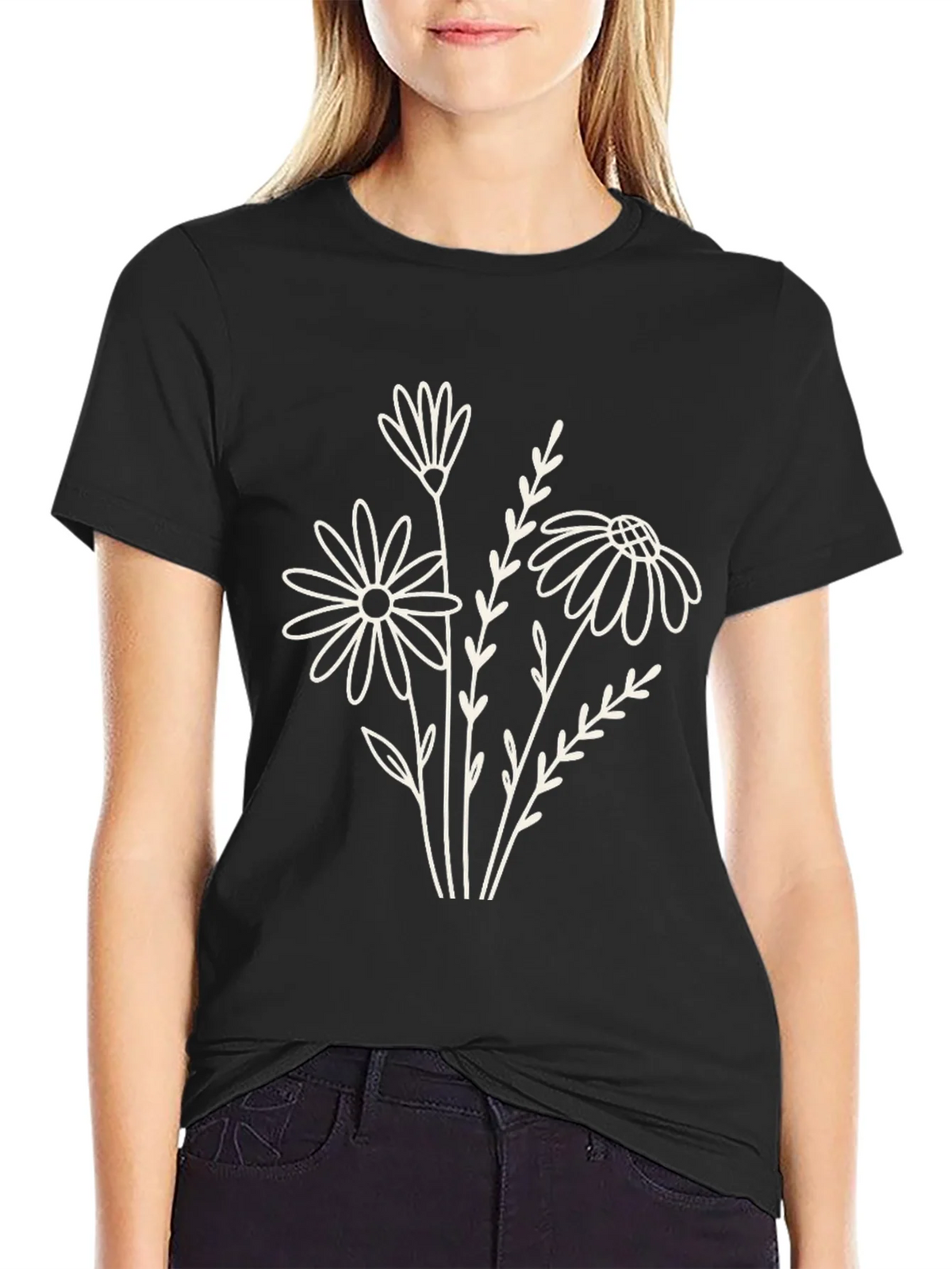 Black Floral Outline Tee - Minimalist Graphic T-Shirt product image 2