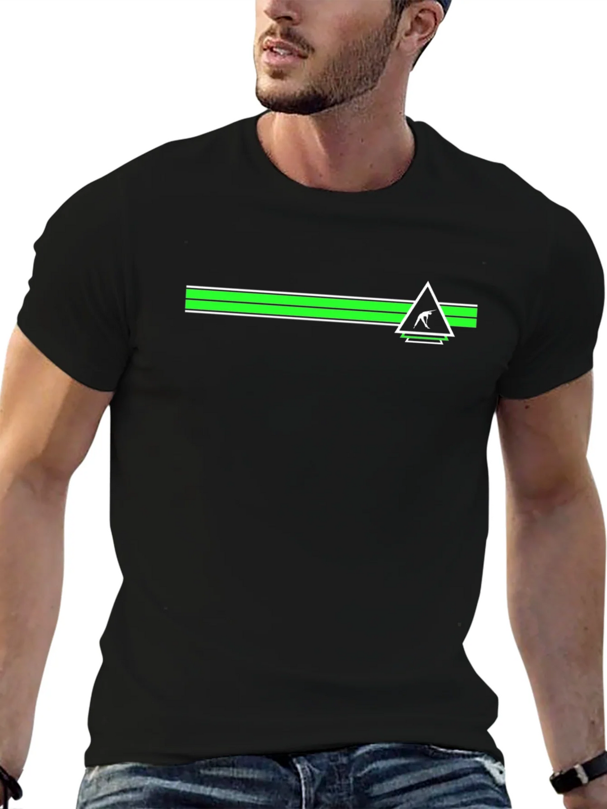 Mens Black Tee with Geometric Green Stripe Design product image 5
