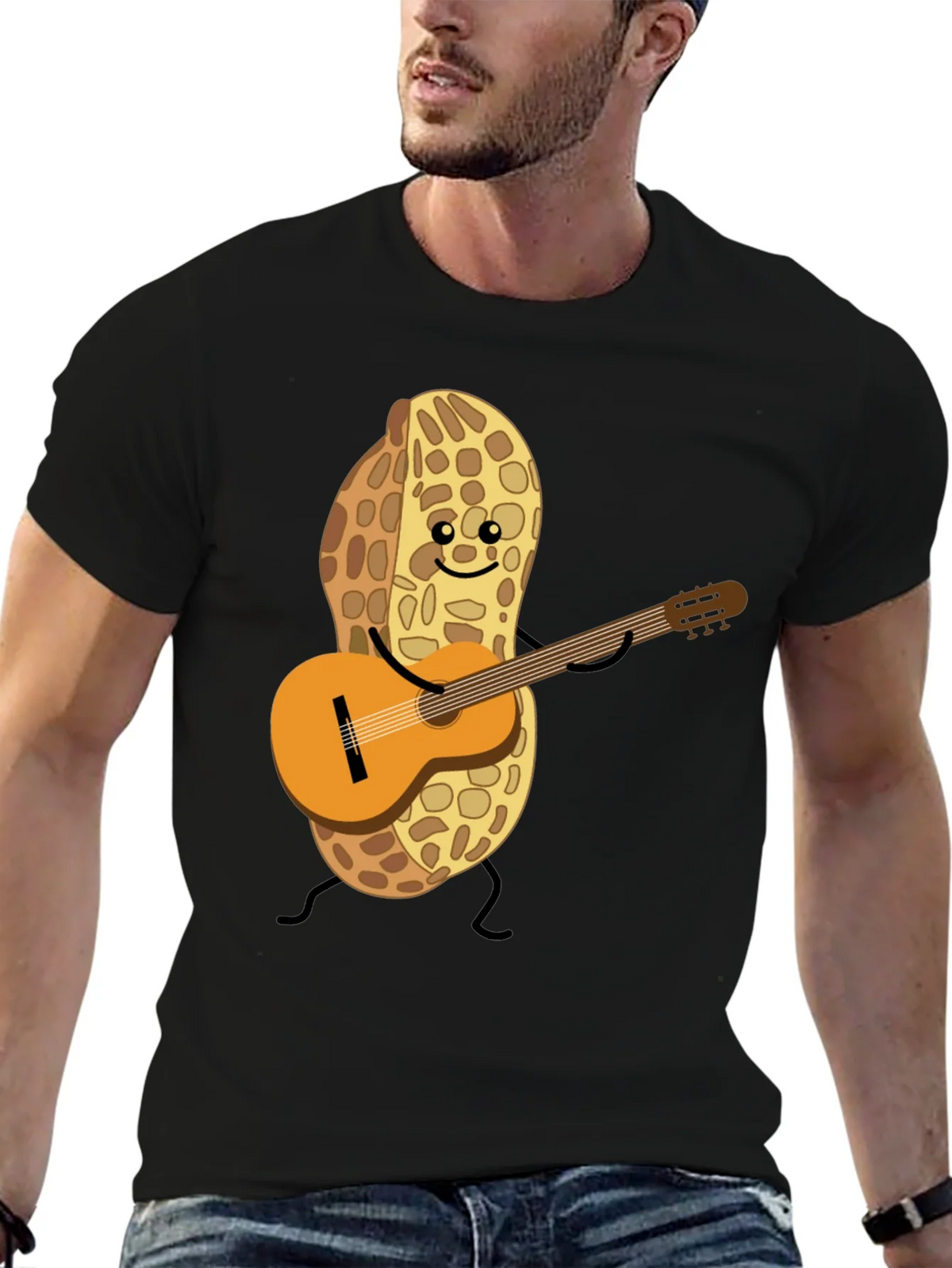 Playful Peanut Guitarist Graphic Tee - Black Cotton Shirt product image 6