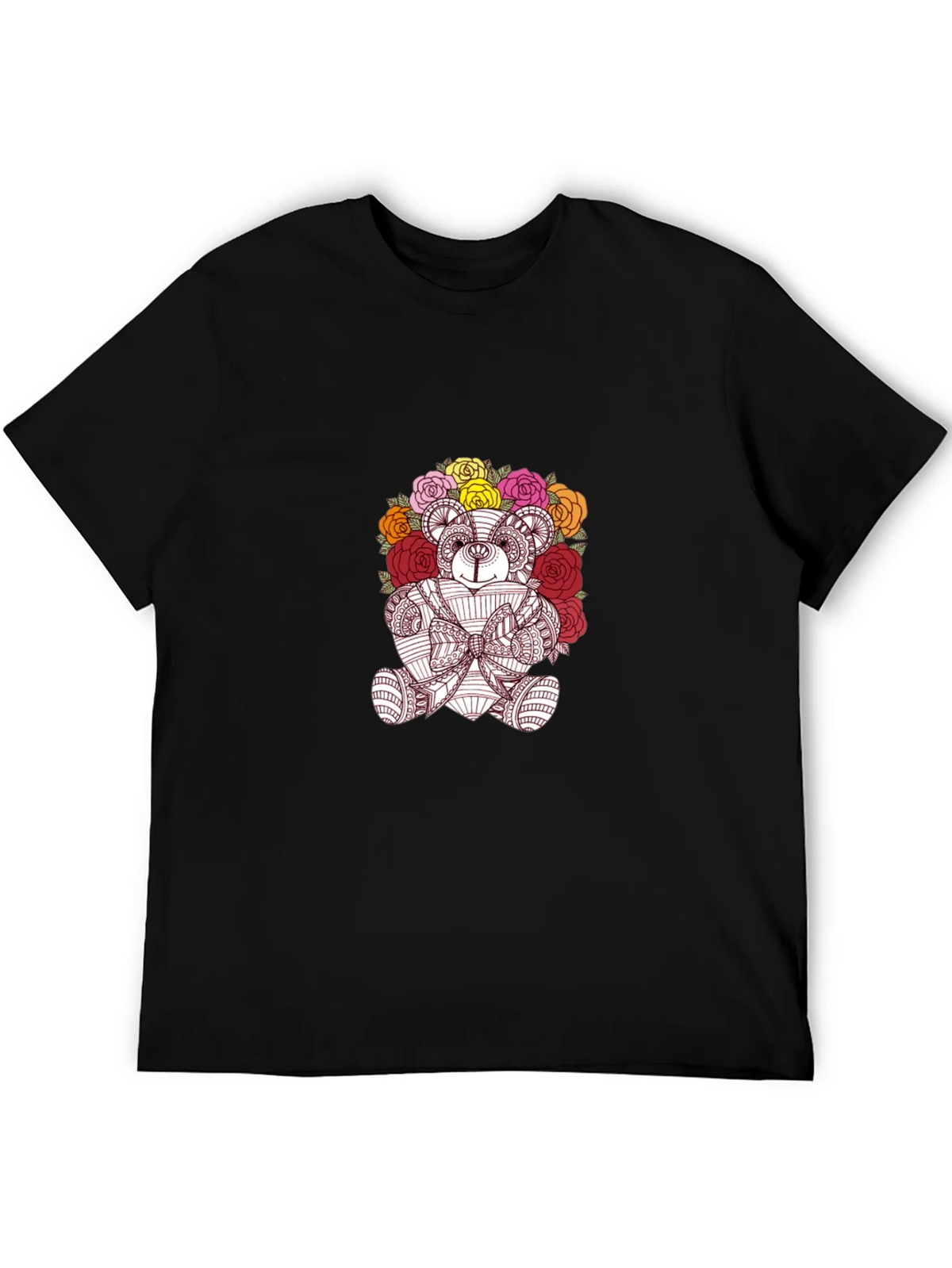 Floral Teddy Bear Graphic Black T-Shirt product image 4