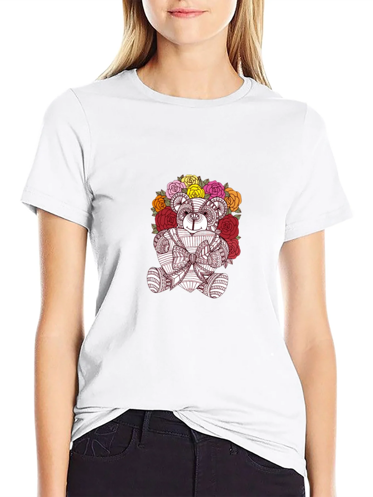 Floral Teddy Bear Graphic Black T-Shirt product image 6