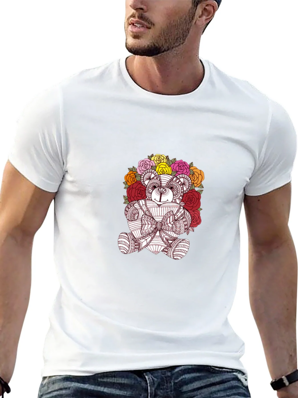 Floral Teddy Bear Graphic Black T-Shirt product image 8