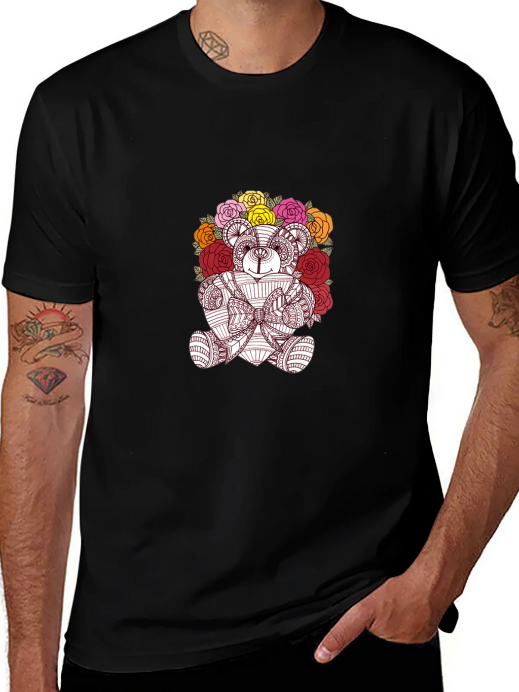 Floral Teddy Bear Graphic Black T-Shirt product image 1