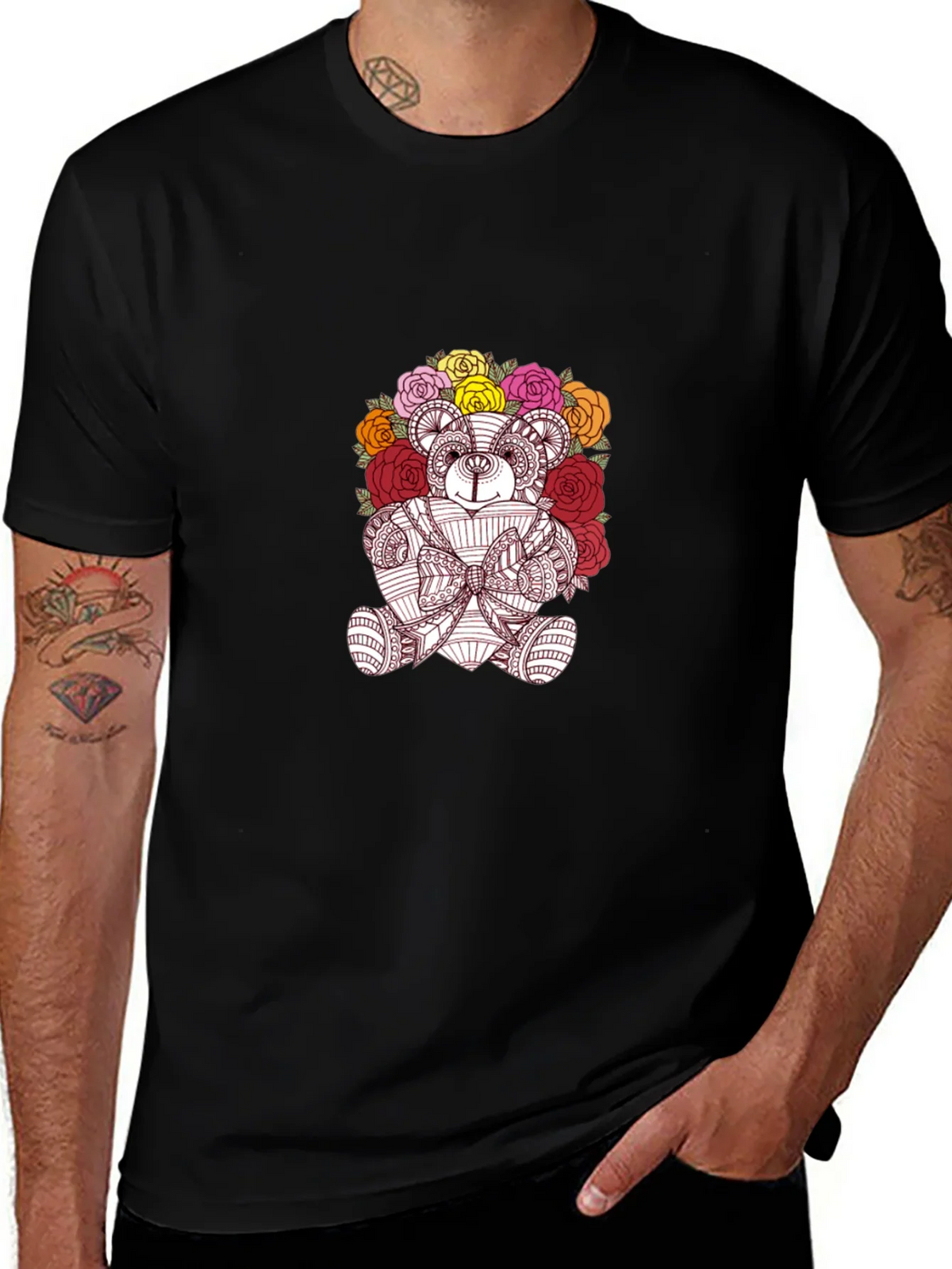 Floral Teddy Bear Graphic Black T-Shirt product image 1