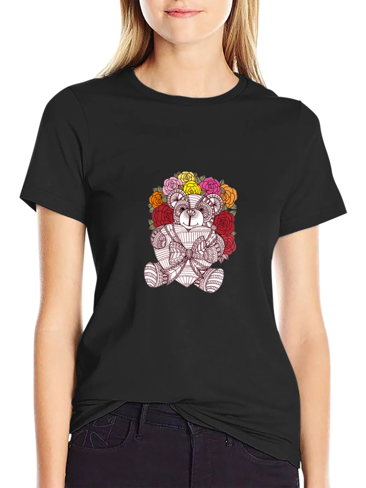 Floral Teddy Bear Graphic Black T-Shirt product image 2