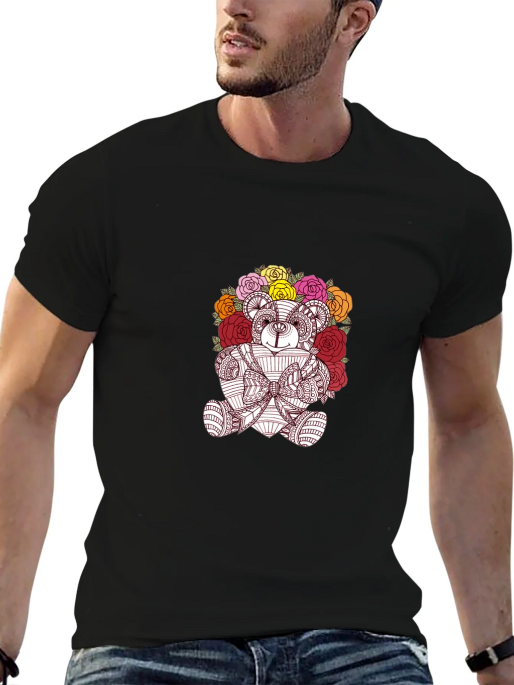 Floral Teddy Bear Graphic Black T-Shirt product image 5