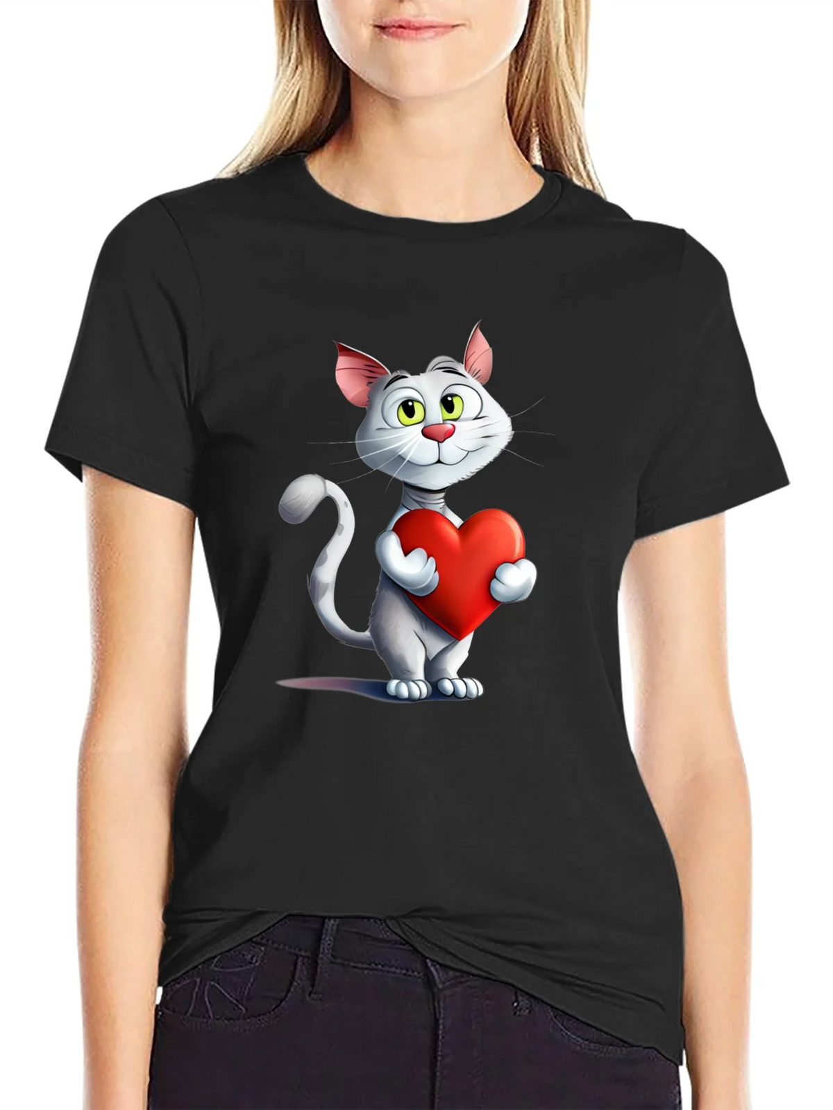 Cute Cat Holding Heart Graphic T-Shirt product image 2