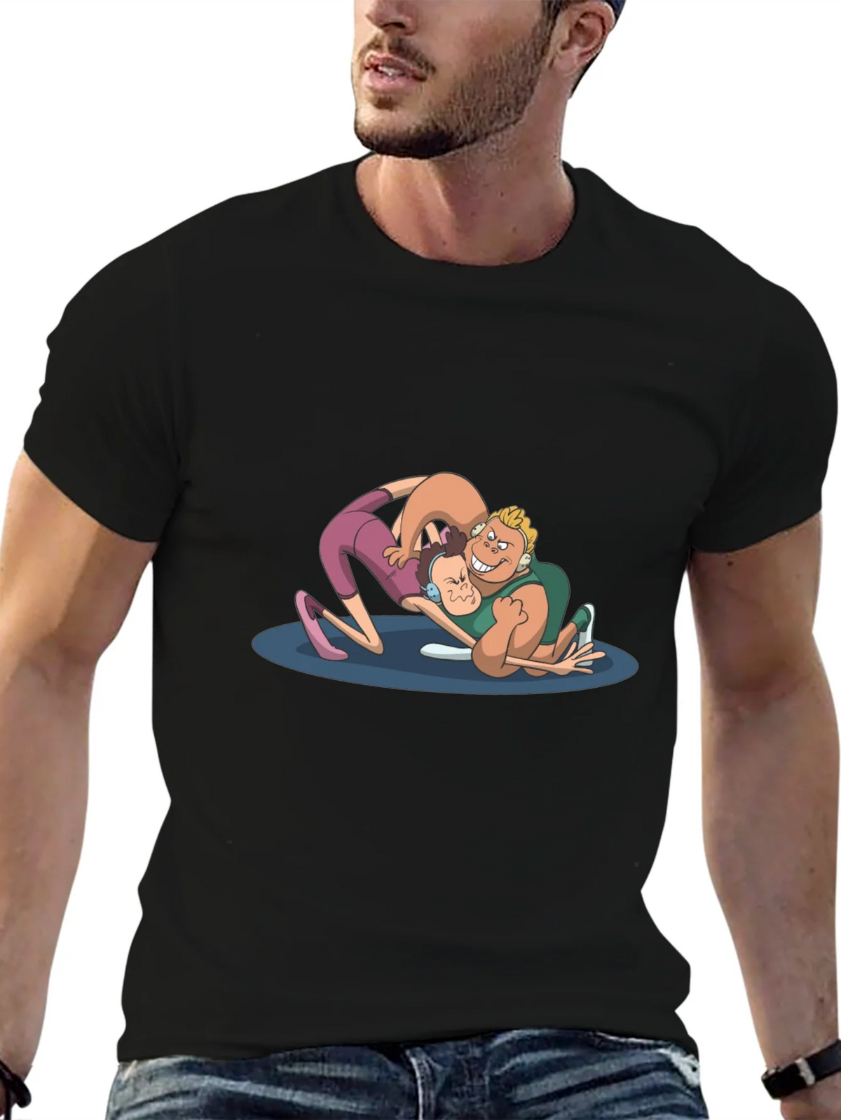 Wrestling Cartoon Graphic Black T-Shirt product image 5