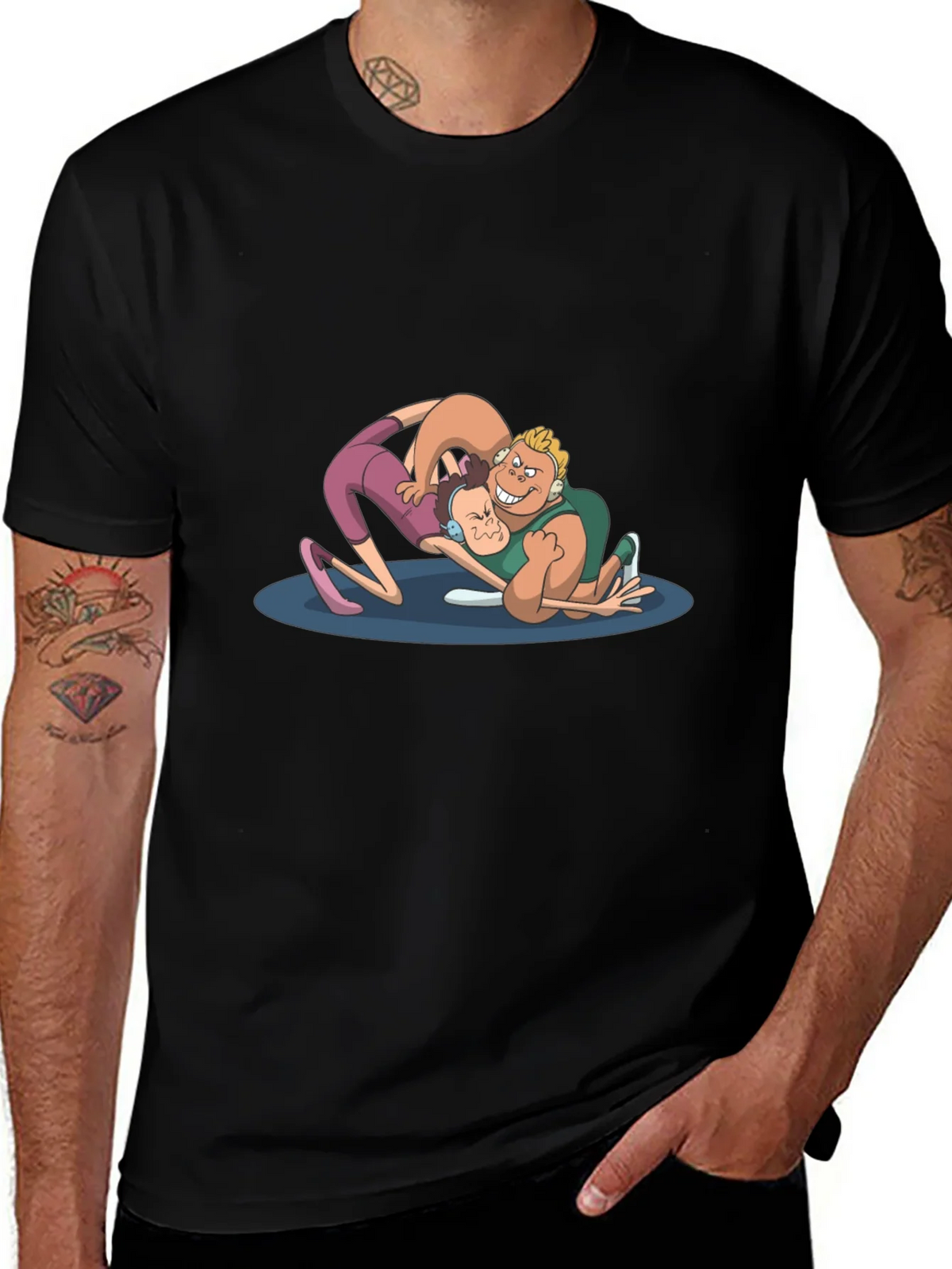 Wrestling Cartoon Graphic Black T-Shirt product image 1