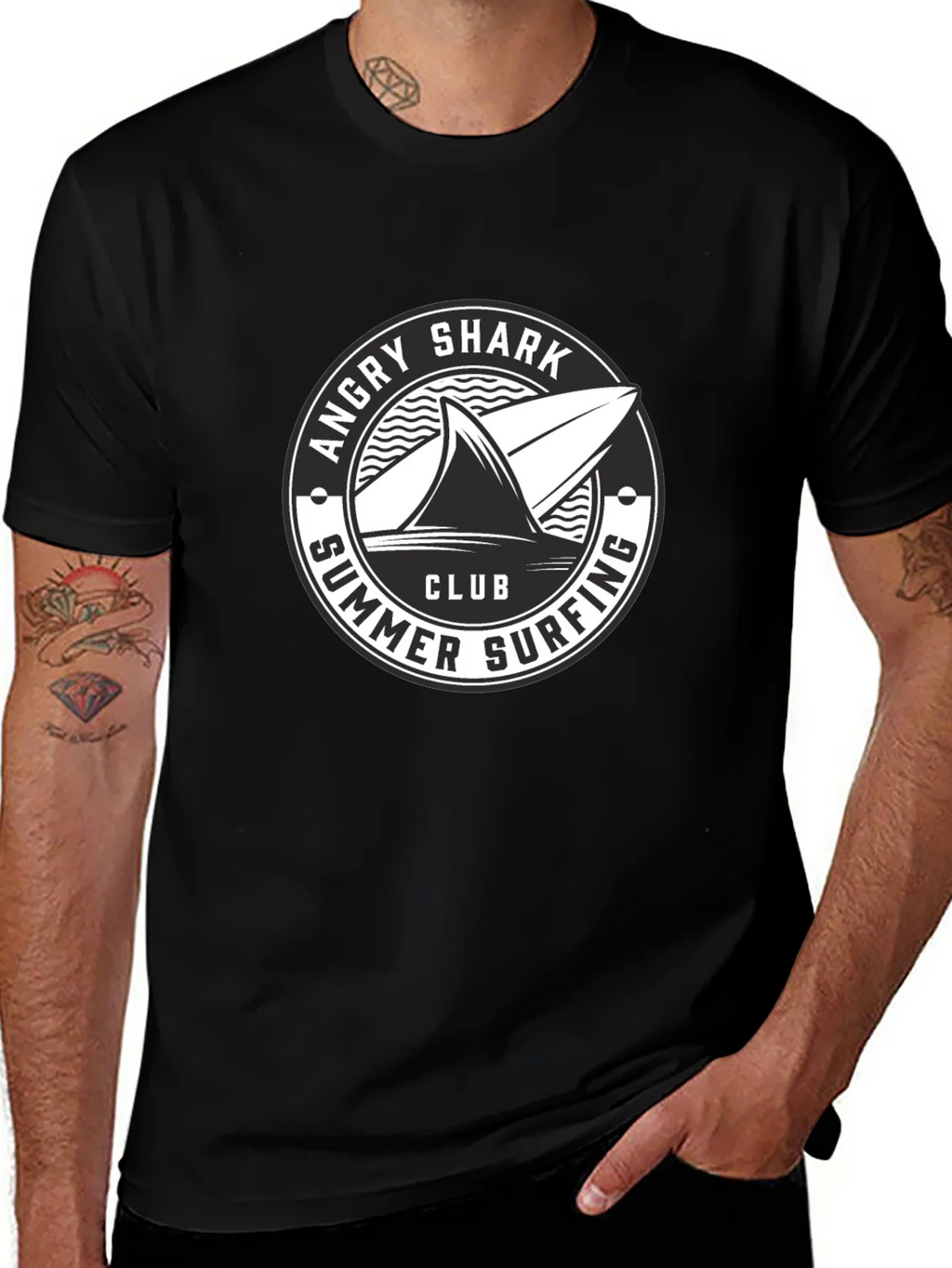 Angry Shark Summer Surfing Club Black T-Shirt product image 1
