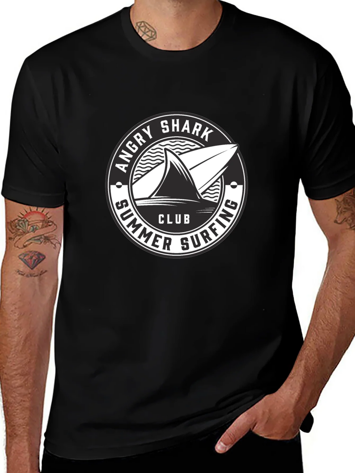 Angry Shark Summer Surfing Club Black T-Shirt product image 1