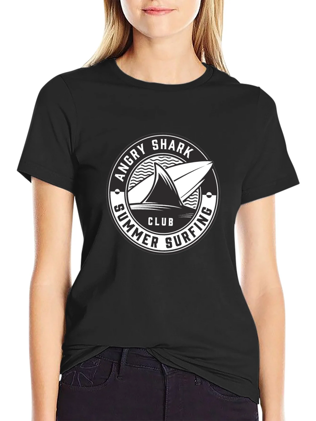 Angry Shark Summer Surfing Club Black T-Shirt product image 2