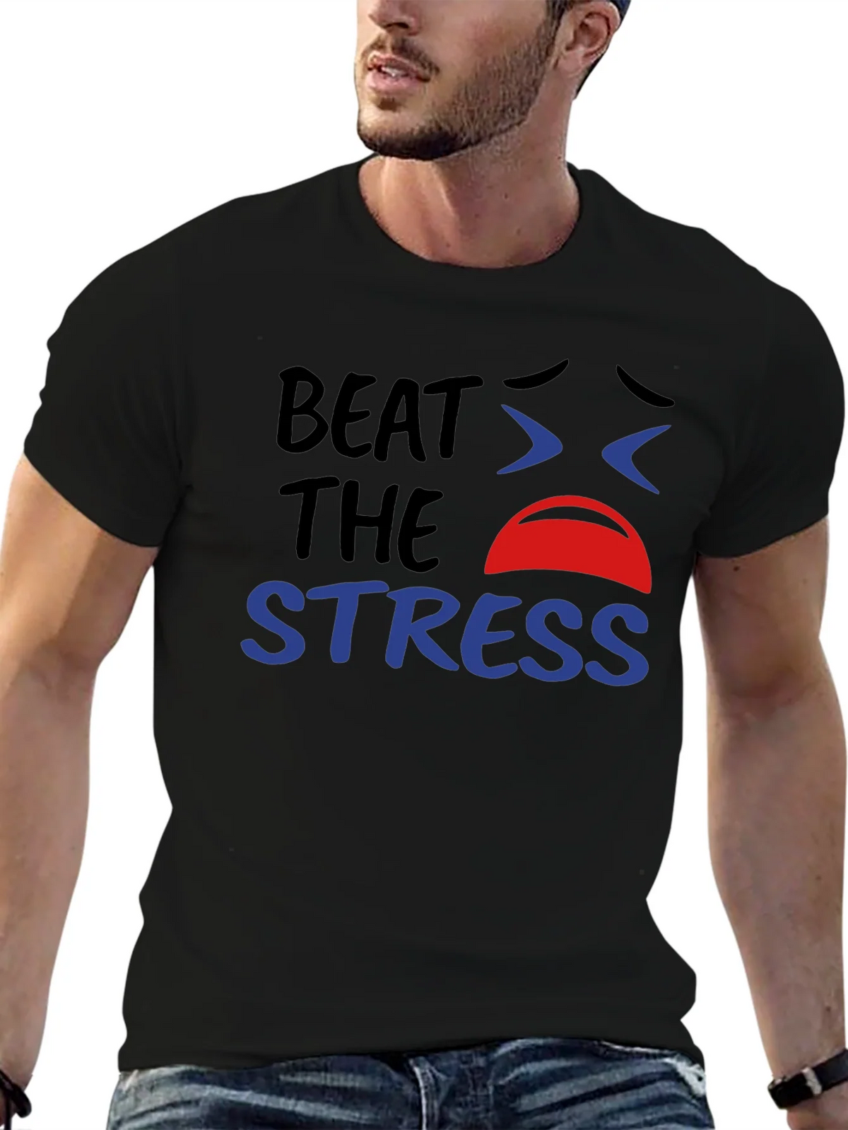 Beat the Stress Graphic T-Shirt - Black Cotton Tee product image 4