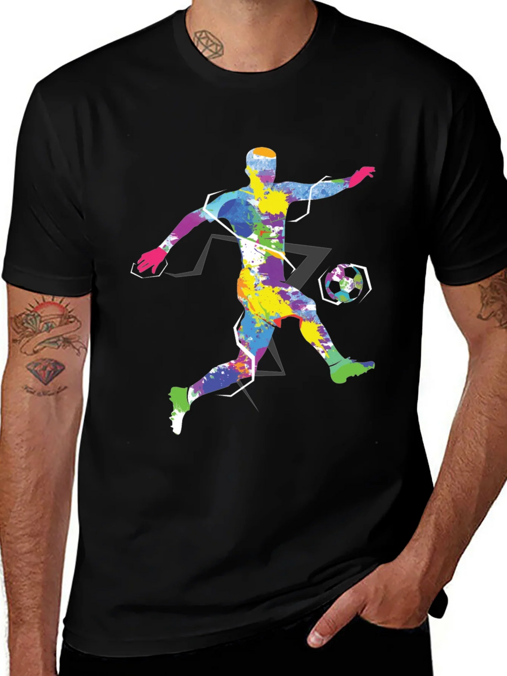 Colorful Soccer Player Graphic Tee - Black Cotton Shirt product image 1