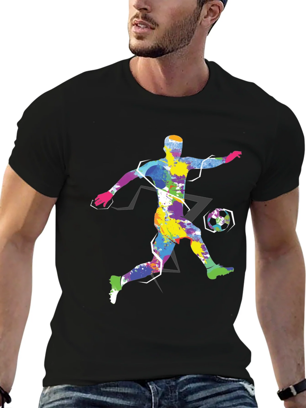 Colorful Soccer Player Graphic Tee - Black Cotton Shirt product image 6