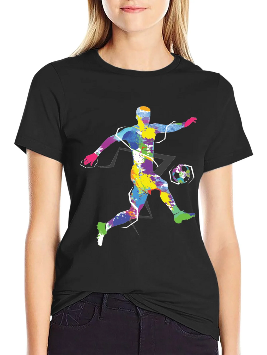 Colorful Soccer Player Graphic Tee - Black Cotton Shirt product image 2