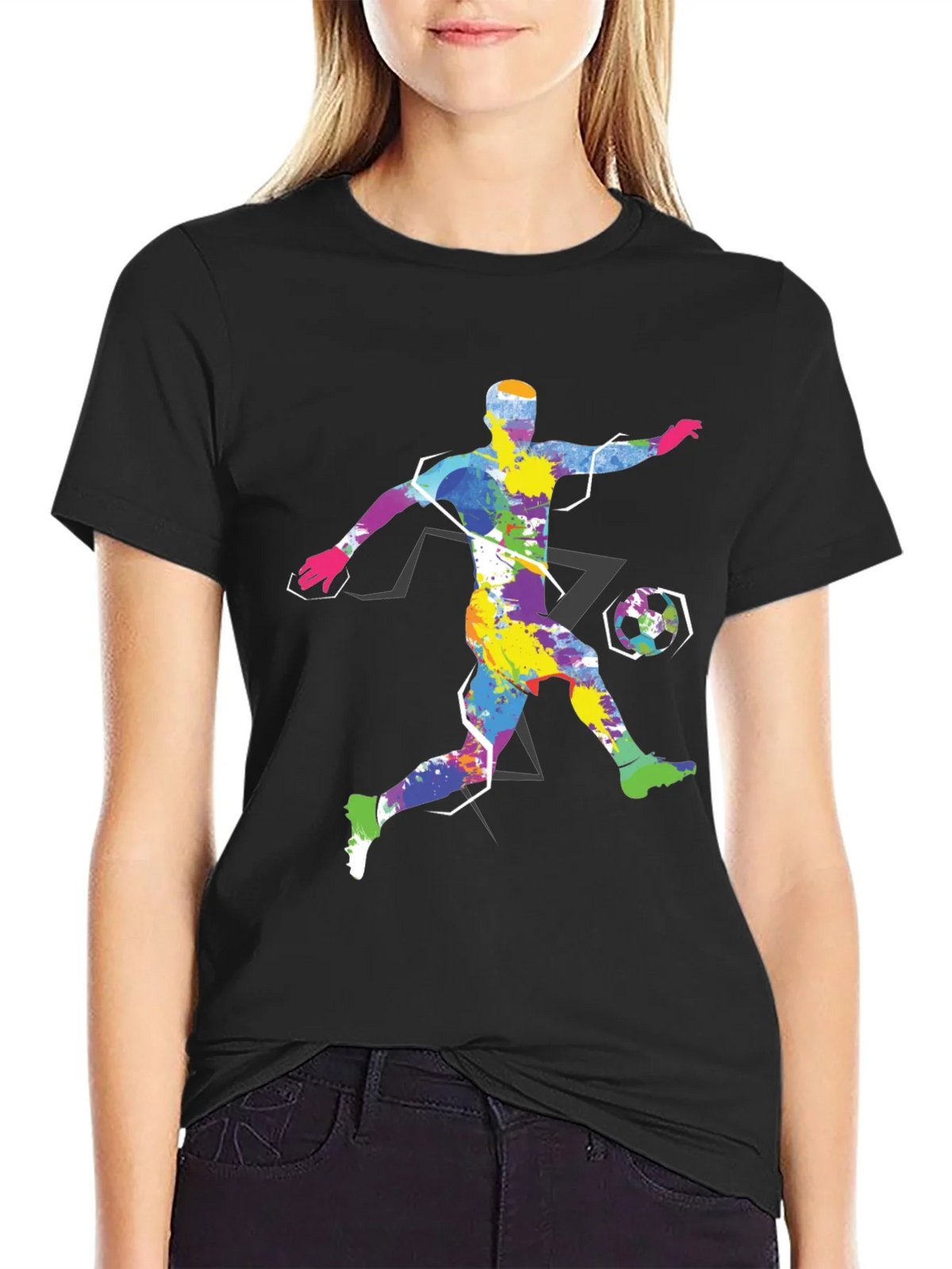 Colorful Soccer Player Graphic Tee - Black Cotton Shirt product image 2