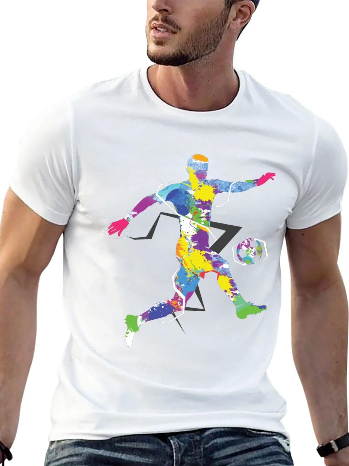 Colorful Soccer Player Graphic Tee - Black Cotton Shirt product image 12