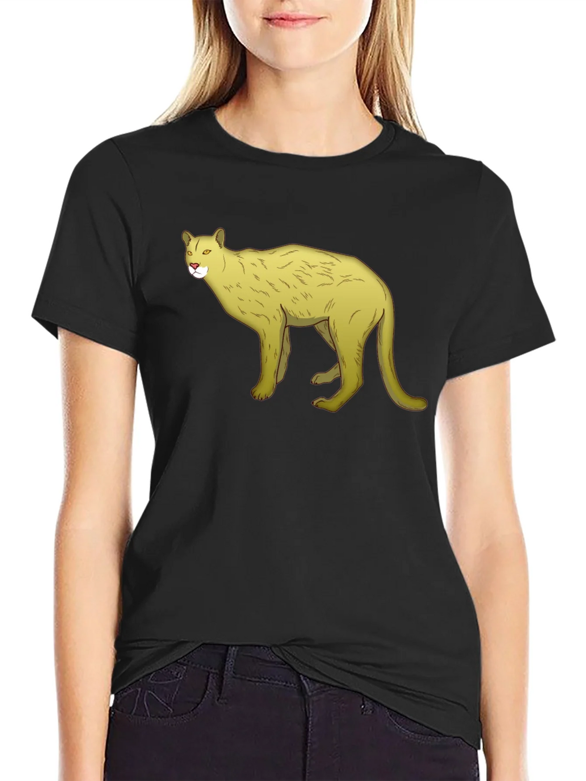 Black T-Shirt with Cartoon Cougar Graphic product image 1