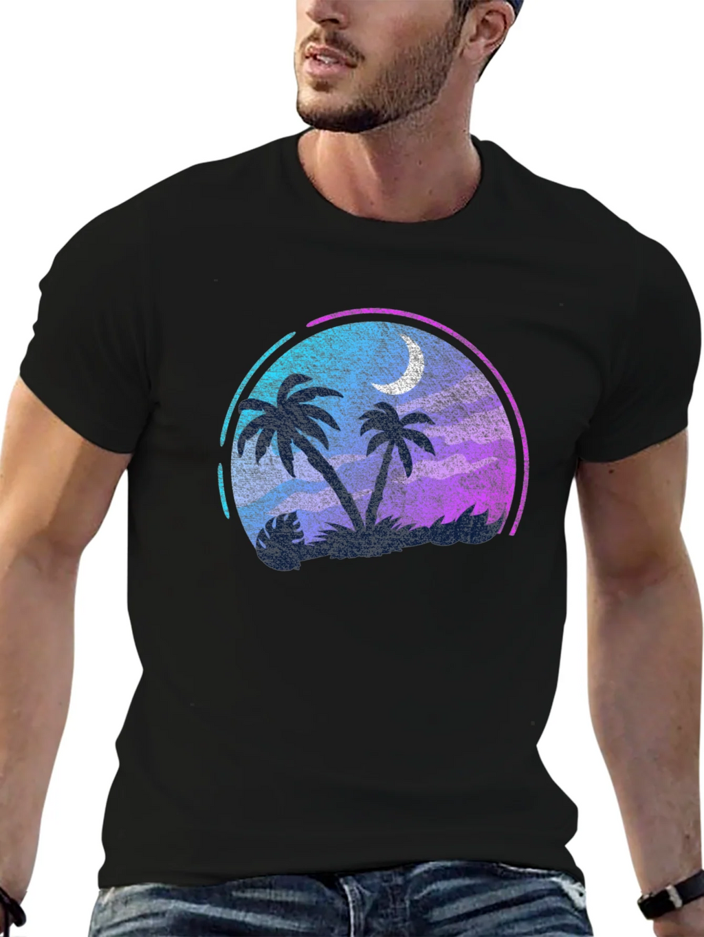 Tropical Palm Tree Moon Graphic Black T-Shirt product image 6