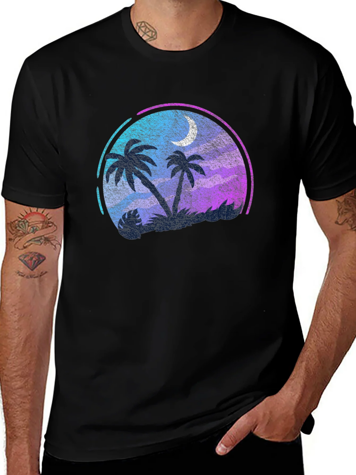 Tropical Palm Tree Moon Graphic Black T-Shirt product image 1