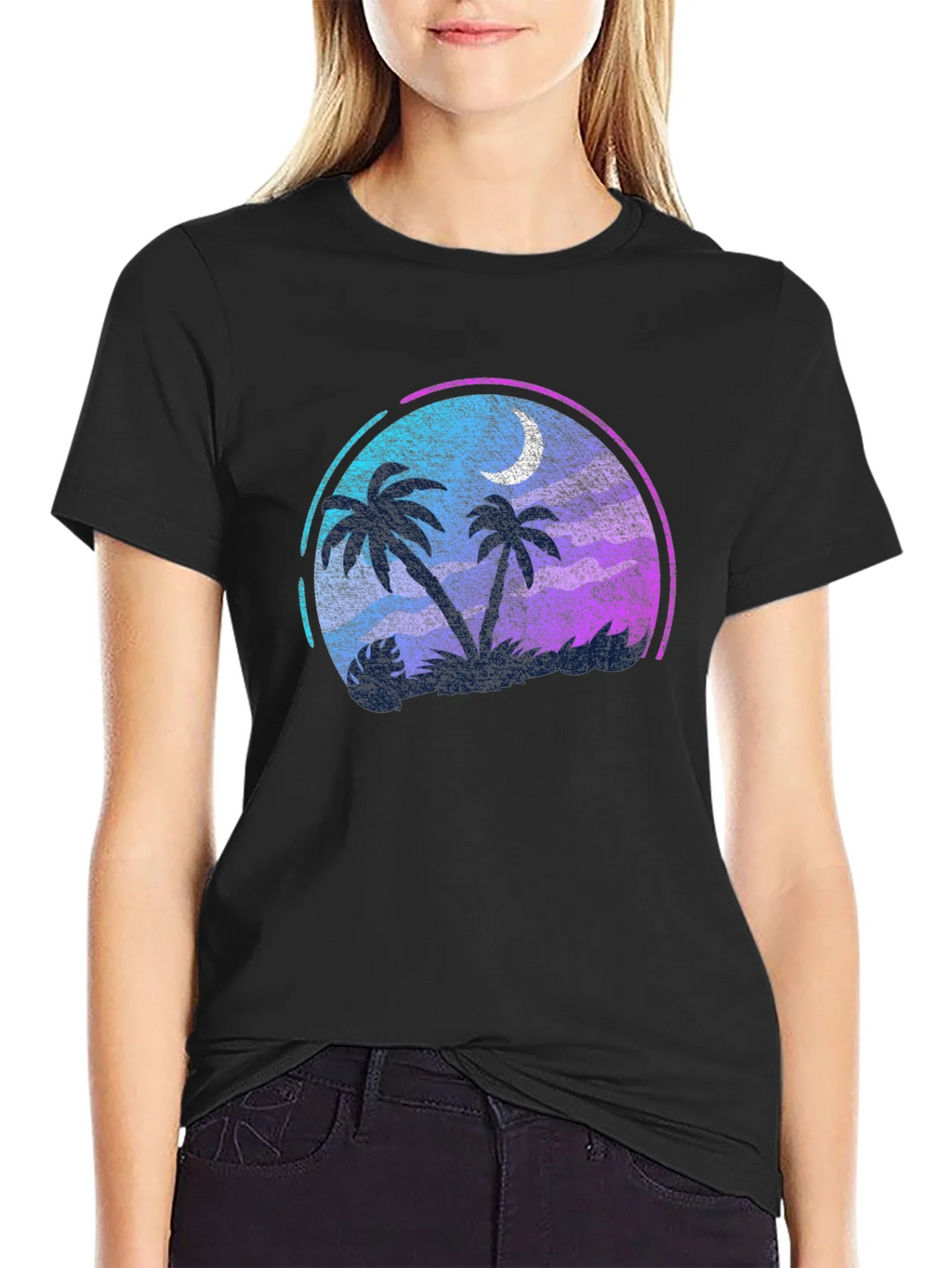 Tropical Palm Tree Moon Graphic Black T-Shirt product image 2