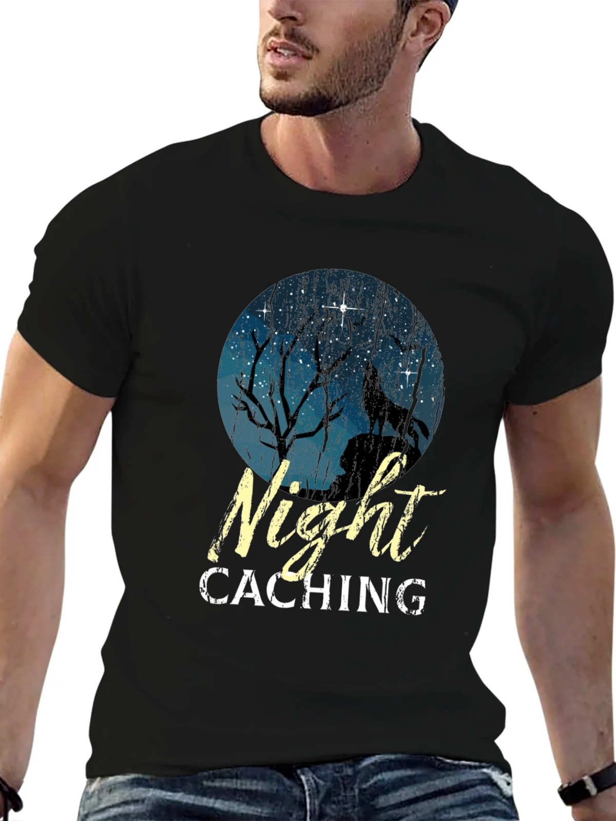 Night Caching Wolf Graphic Tee - Black Cotton Blend T-Shirt product image 5